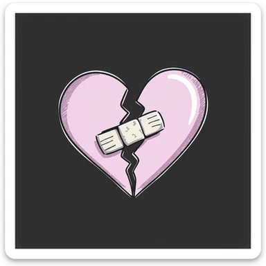 broken heart emoji with jagged split and bandage over the crack, chalk style, soft lilac color palette, rough doodle-like texture as if drawn with pastel chalk on a dark surface, aesthetic and emotional Telegram channel sticker