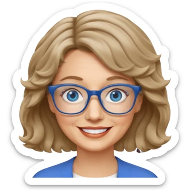 woman 60 short weavy dark blonde haire, rectangle glases, blue eyes sticker