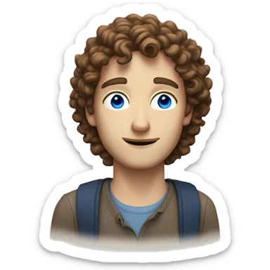 white guy with blue eyes and brown curly hair with a writing with @rca written sticker