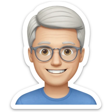30 yr old pale white man, white/grey side swept stylish hair, round glasses, big smile, white teeth, handsome, longer hair, thin glasses, blue  shirt sticker