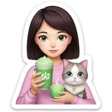 asian girl with short dark brown hair with a soft girl pink glowup aesthetic. matcha latte sparkles girly things, 2 ragdoll cats, skincare, makeup, money, luxury, add makeup and sparkles sticker