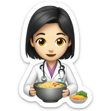 doctor girl with dark hair eating ramen bowl sticker