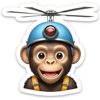 Chimpanzee smiling menacingly while wearing helicopter hat sticker