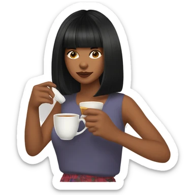 Girl with black hair and curtain bangs sipping tea sticker
