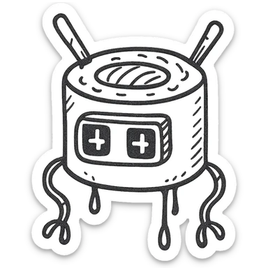 a robot shaped like a sushi roll, with LED eyes, tentacle sticks and soy sauce dripping like wires sticker