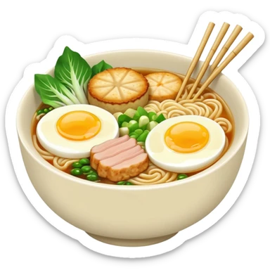Delicious bowl of ramen noodles with miso soup broth base, bamboo, bok choy, eggs, pork, fish cakes, and green onions sticker