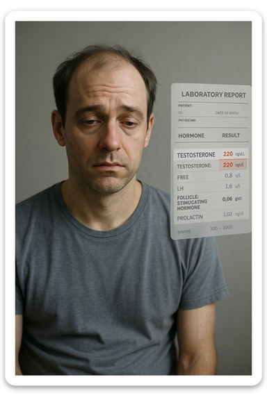 Un uomo caucasico di 35-45 anni, in CGI fotorealistico, che mostra i segni fisici ed emotivi di un basso livello di testosterone. aggiungere un referto medico semi-trasparente fluttuante accanto a lui, con valori di testosterone evidenziati in rosso. sticker