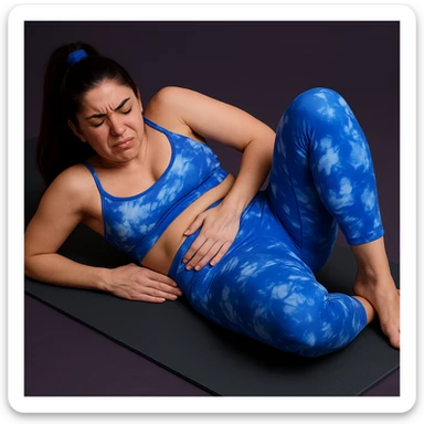 Slim woman in 4K, lying on a mat, knees bent, both hands pressing on left hip, eyes closed in intense pain, inspired by the reference photo. sticker