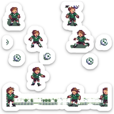 two boys, ages 6 and 9, kicking a soccer ball and laughing, pixel art style sticker