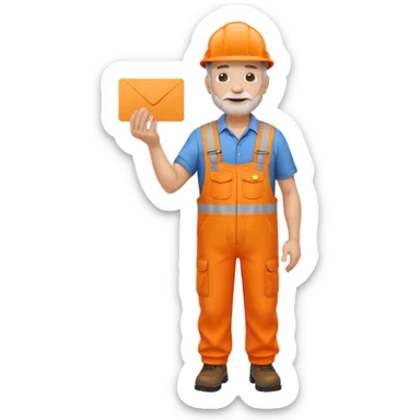 older engineer hi-vis orange overalls standing full body holding a card sticker