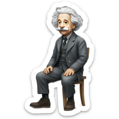 a full body perspective of albert einstein sitting on an invisible edge sticker