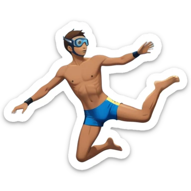 A diver mid-air, diving from a rocky cliff into the sparkling blue ocean below. The background shows a dramatic cliffside and clear sky, capturing the daring and exhilarating nature of cliff diving, with the water below ready to embrace the plunge. sticker