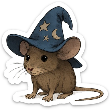timid house mouse with muted brown fur, large outward tilted ears, beady eyes looking uncertain, wearing huge deep blue wizard hat with stitched stars and crescent moon, floppy uneven brim drooping at top, front paws flat, tail straight out behind making it look awkward in outfit sticker