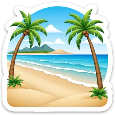 Sanya tropical beach Hainan Island with palm trees, simplified emoji style with bold outlines and bright colors, cartoon style beach with blue water sticker