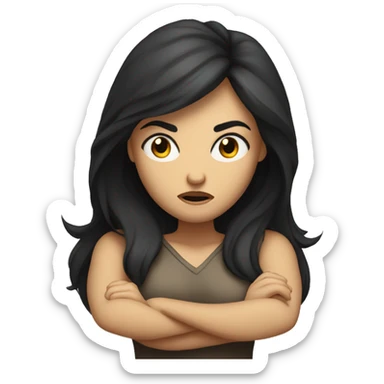 Angry scowling woman, long dark hair, with arms crossed over chest. sticker