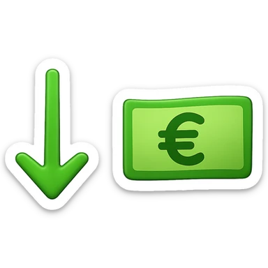 Create an image with two separate elements on a transparent background in classic Apple emoji style. On the left, a single green downward arrow with one arrowhead and clear space around it. On the right, a single banknote featuring a Euro sign, styled as a classic Apple emoji. Both elements should be clearly separated and maintain the look and feel of Apple-style emojis. sticker