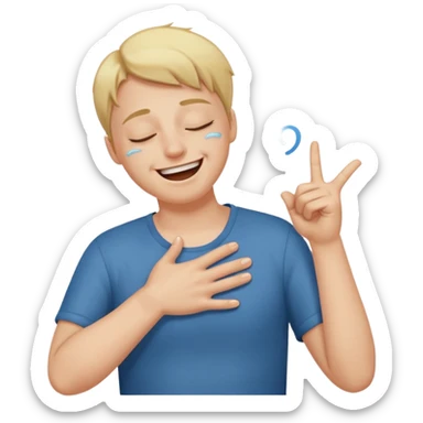 A person laughing with one hand pointing straight and one hand on his stomach with laughing tears in his eyes and closed eyes and straight pointing hand straight sticker