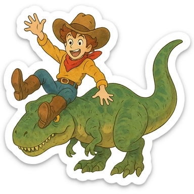 energetic and whimsical cowboy sliding down a t-rex sticker