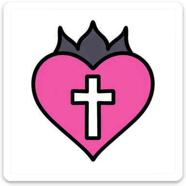 gothic heart with a silver cross, color icon style, pink and black sticker