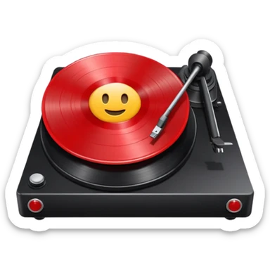 Generate a high-quality 3D cartoon-style emoji of a red LP record placed inside a black LP turntable, realistic shading, smooth gradient colors, rounded and cute appearance, simple white background, high-resolution.
 sticker