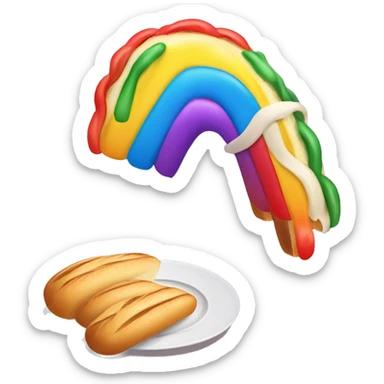 rainbow bagguette bread, and plate of fettuccine sticker