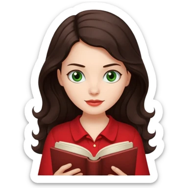 Long wavy dark brown haired, white skinned, dark green eyed girl in red blouse reading a book with a white background  sticker