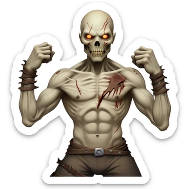 Cinematic Realistic WoW undead civilian Portrait, captured in a fierce, battle-ready stance, muscles taut beneath his tattered, earth-toned attire. His decayed, pallid skin and glowing eyes are rendered with intense lifelike detail and dynamic lighting, high shine, embodying the raw, relentless fury of an undead civilian in the heat of combat. sticker
