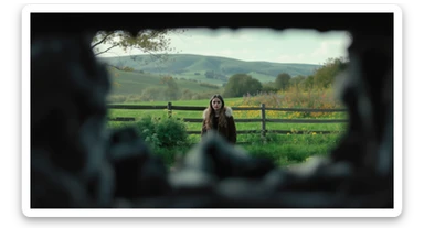 A portrait of a person in the foreground, blurred plants in the foreground (frame within a frame), a wooden fence and colorfull flowers in the midground, rolling hills in the background, cinematic depth of field, layered composition, natural lighting sticker