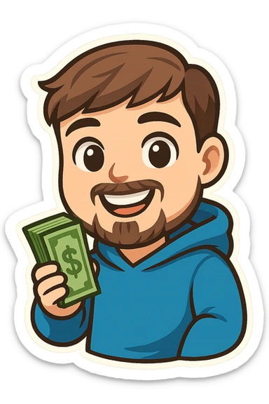 cartoon emoji of MrBeast smiling, holding a stack of cash, blue hoodie, trimmed beard, brown hair sticker