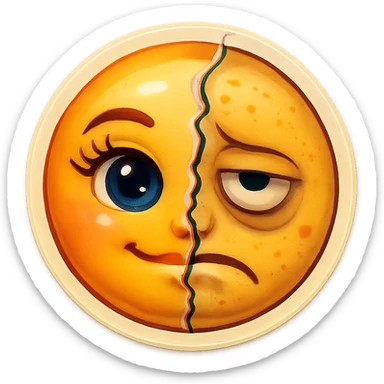 Edit the half-and-half face so both sides are stylized as emoji faces, not realistic. The left is a perfect, glowing, filter-enhanced influencer emoji look with exaggerated features. The right is a weary, unfiltered emoji face with dark circles, blemishes, and a frown. Keep the glitchy, cracked-mirror line separating the two sides. sticker