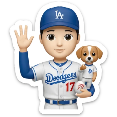 Shohei Ohtani bobblehead holding a dodger dog and #1 hand sign, realistic  sticker