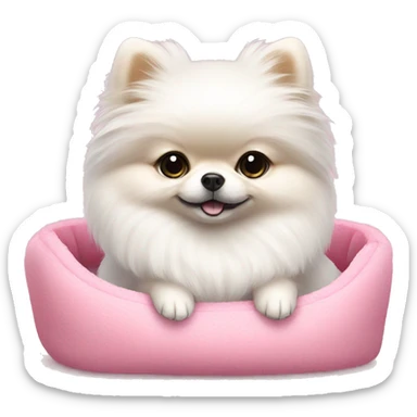A small white pomeranian with a bow on her head, sitting in a pink furry bed sticker