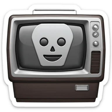 Minimalist emoji-style sticker of a CRT TV in the shape of a coffin, with a cross or static noise on the screen. Desaturated design.  sticker
