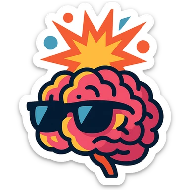 stylized brain with sunglasses, top half erupting in a vibrant, energetic explosion sticker