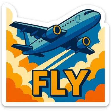 airplane flying high in the sky, emphasize scale and altitude, vibrant toon style, with the word FLY sticker