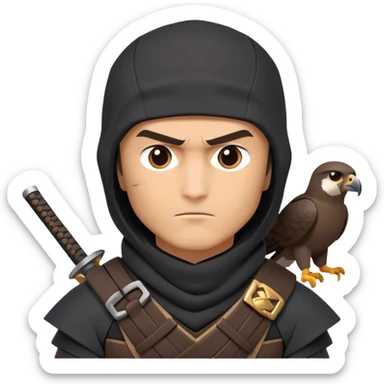 clash-of-clans-aesthetic_-cinematic-mysterious-male-ninja-portrait-emoji, rendered in a flat, vector-style with minimal shading and bold, simplified shapes, with a head slightly turned revealing intense, focused eyes. the ninja has his arm out and perched on top of his forarm is  a peregrin falcon  sticker