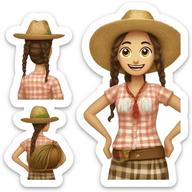 Festa Junina country woman with straw hat, braided hair, checkered clothes sticker