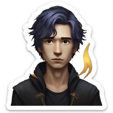 Hamlet young skinny sad man iridescent hair wearing raven feathers with a gilded hourglass and golden flames yin yang  sticker