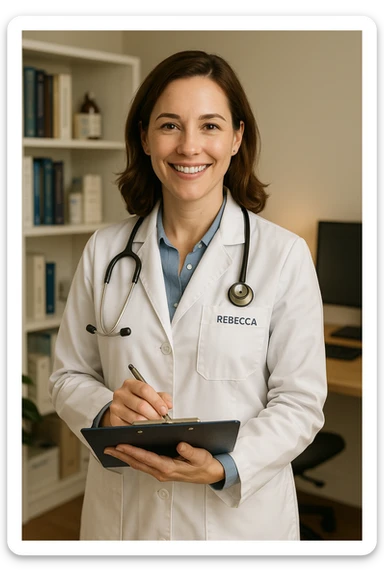 A woman doctor named Rebecca, holding a clipboard, smiling, medical office background sticker