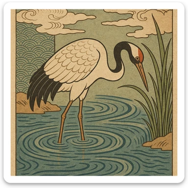 ukiyo-e style illustration of a crane bird standing in water sticker