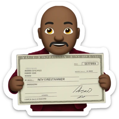 fat guy in dark red velvet suit holding cheque sticker