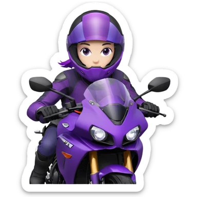 Créer un emoji avec une moto mt07 sport noir mate / violet iridescent très foncé, pare-brise de la moto violet. Avec une pilote dessus, visage masqué par la visière violette . Avec en arrière plan cercle violet. sticker