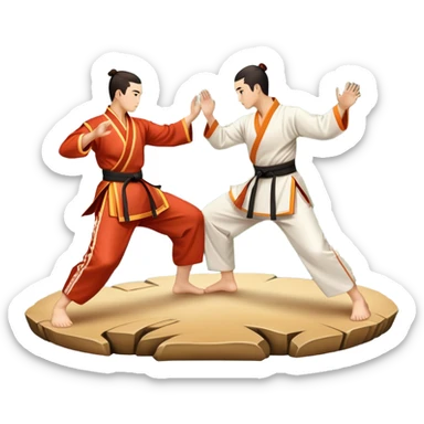 Two martial artists in traditional Wushu attire, performing elegant, fluid moves. The background shows a peaceful, scenic landscape with mountains and bamboo trees, symbolizing the balance of power and grace in Wushu.  sticker