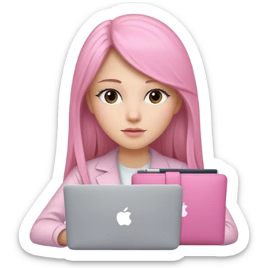Mujer lacia peli larga y peli larga  en una MacBook rosa investigando y haciendo tareas con un libro de apuntes y con cara muy linda como modelo sticker