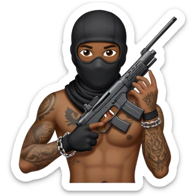 Black guy with chain ski mask tattoos holding a gun sticker