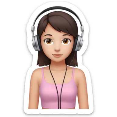 aesthetic brunette girl in light pink tube top shirt with headphones on sticker