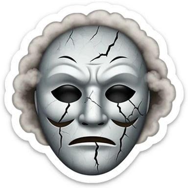 Minimalist emoji-style sticker of a cracked actor’s mask with empty eyes and faint smoke rising, grayscale with dusty shadows sticker