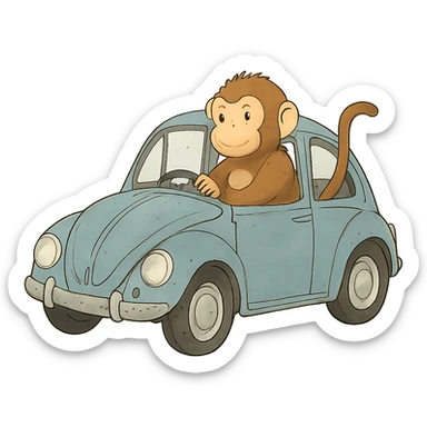 ghibli style illustration of a monkey with a car sticker