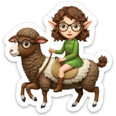 tiny forest elf woman brown wavy hair glasses riding a sheep sticker