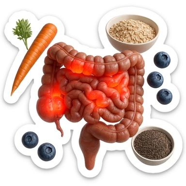 intestino umano anatomico infiammato al centro con carota, bowl di avena, mirtilli, bowl di semi di chia che gli fluttuano intorno , iperrealistico 4k sticker